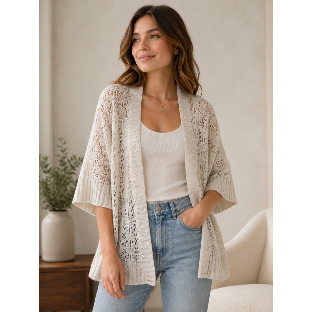 CASUAL CORNER Cardigan Vintage Pointelle Crochet Knit M Cream Boho Minimalist